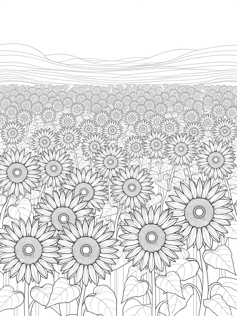A black and white line drawing of a dense field of sunflowers with large foreground blooms, smaller background flowers, leaves, and wavy hills at the top.