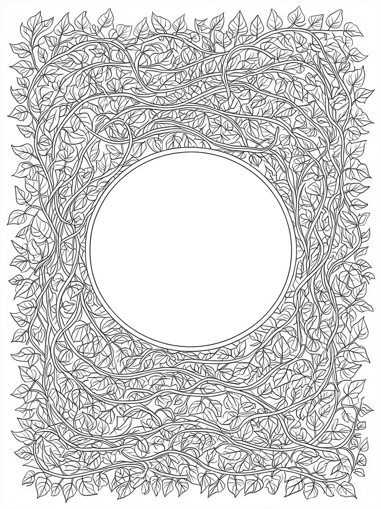Ornate black-and-white line art of leafy vines framing an empty circle.