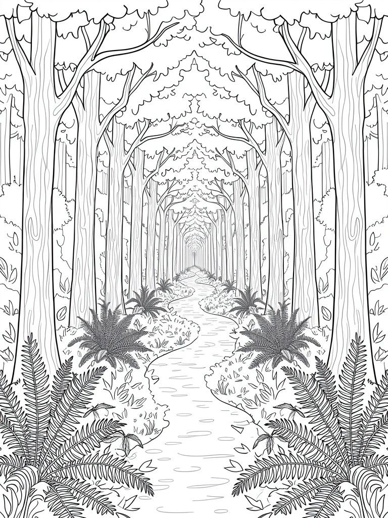 A black and white line drawing of a forest path with tall trees arching overhead and ferns along the sides.