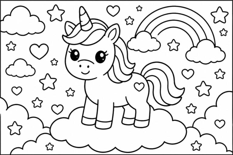 A black and white kawaii unicorn coloring page with a rainbow, clouds, stars, and hearts.