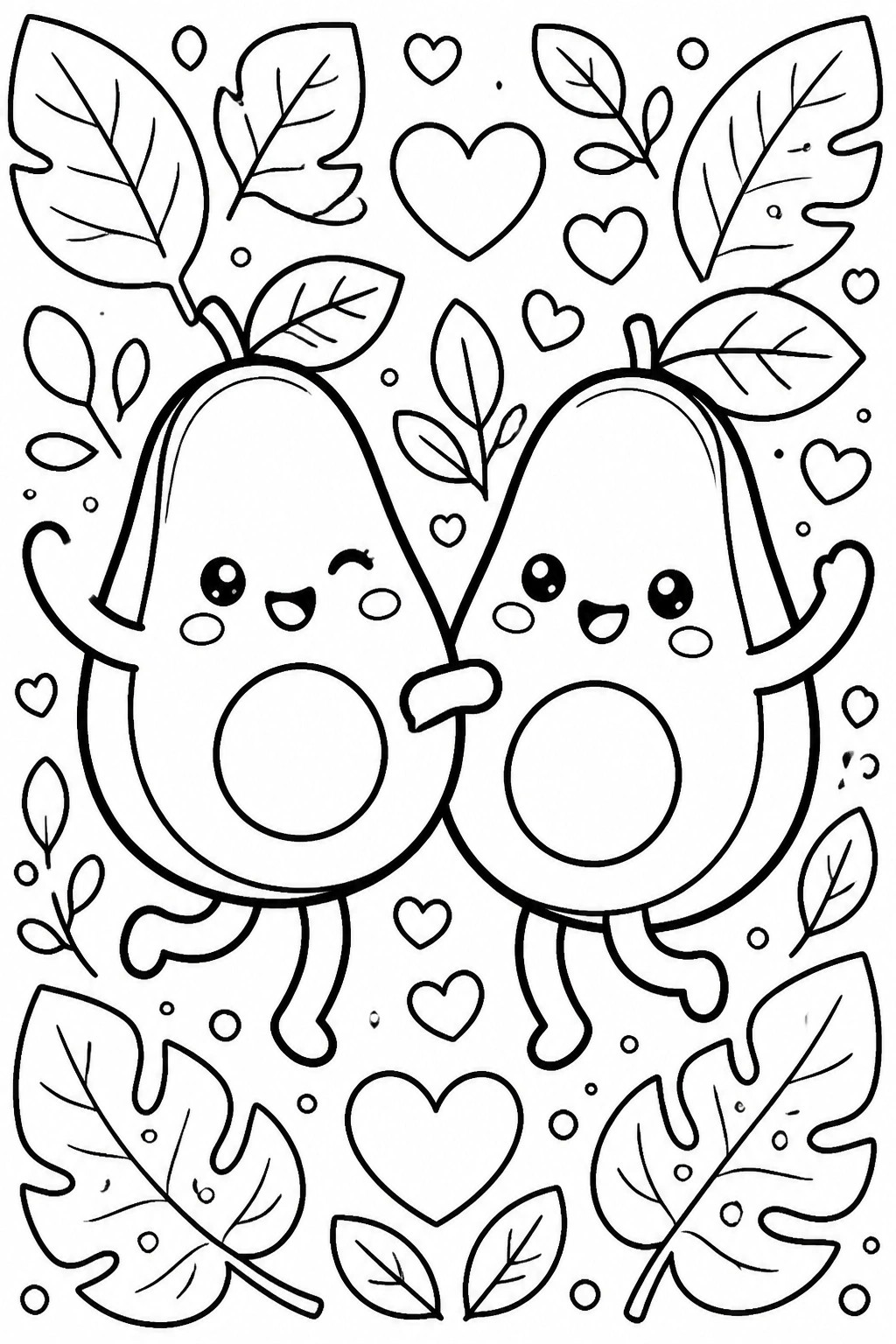 Two cute cartoon avocados hugging amid hearts and leafy branches in line art.