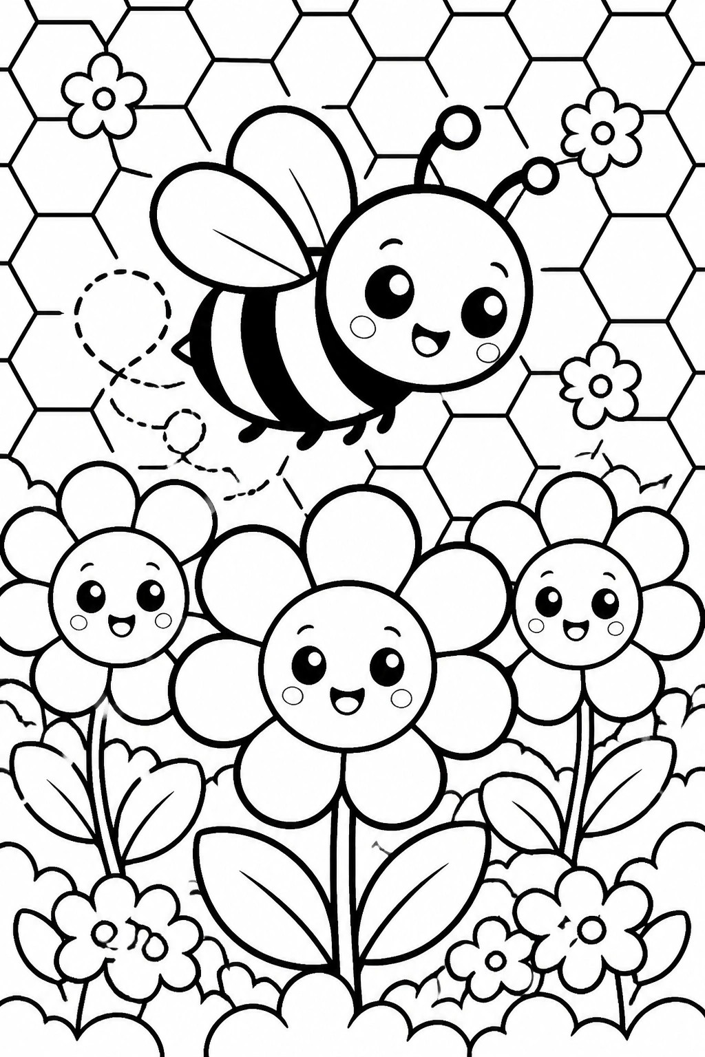 Cartoon bee flying above smiling flowers on honeycomb-patterned coloring page with dashed flight path.