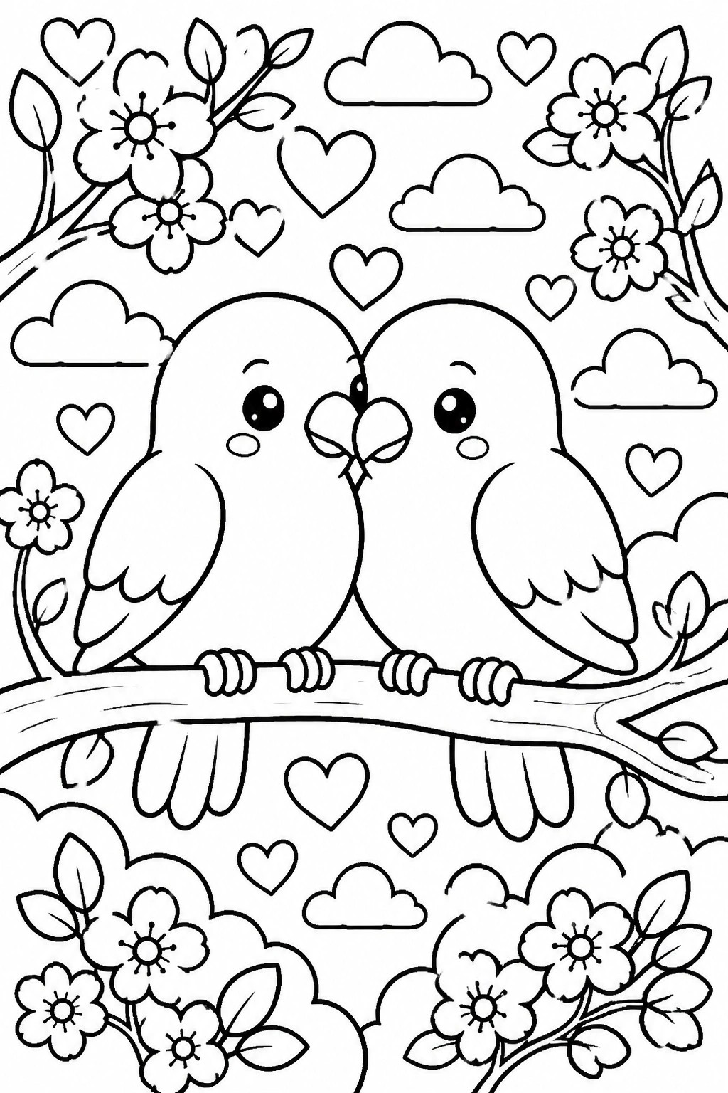 Two cartoon birds kissing on a branch amid hearts, flowers, and clouds.