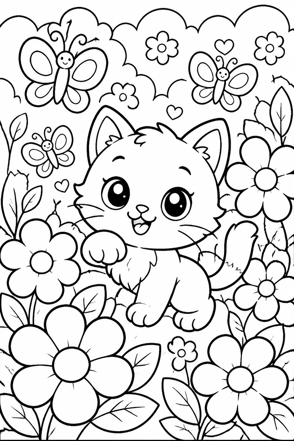 Coloring page of smiling kitten amid flowers, butterflies, and hearts