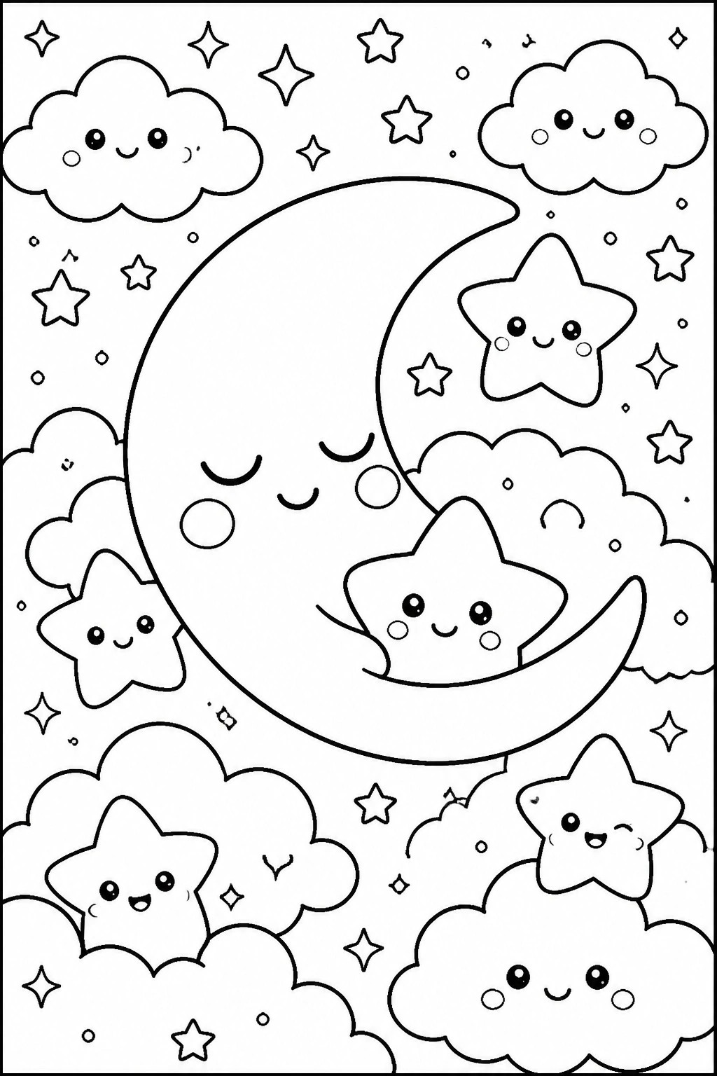 Coloring page of smiling crescent moon with cute stars and clouds.
