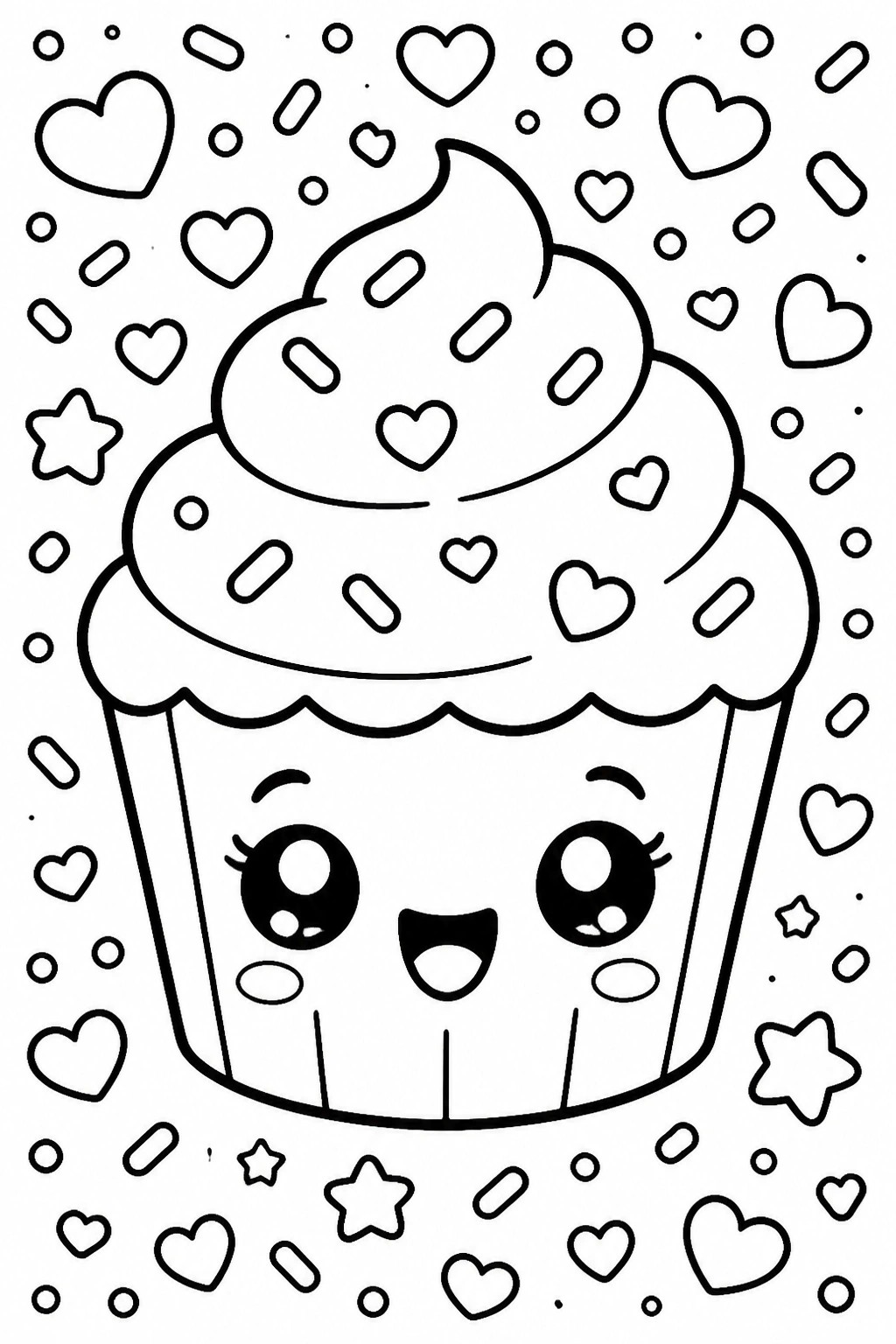 Coloring page of cute kawaii cupcake with smiling face amid hearts and stars.