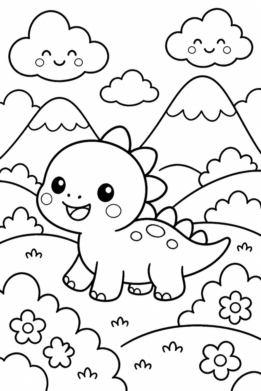 Cute cartoon dinosaur in a landscape with mountains, smiling clouds, and flowers.