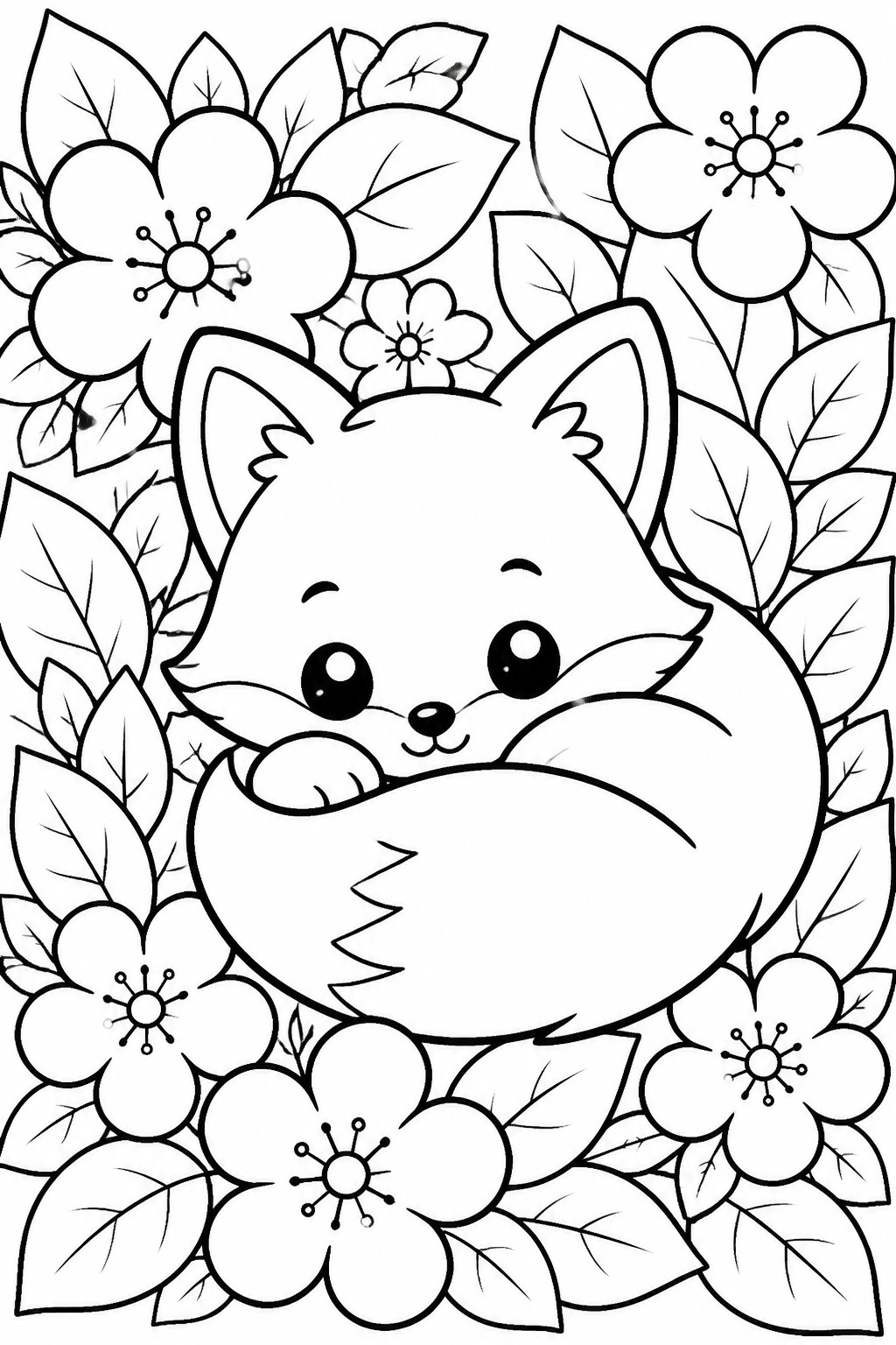 Cute cartoon fox peeking from flowers and leaves, black and white line art.