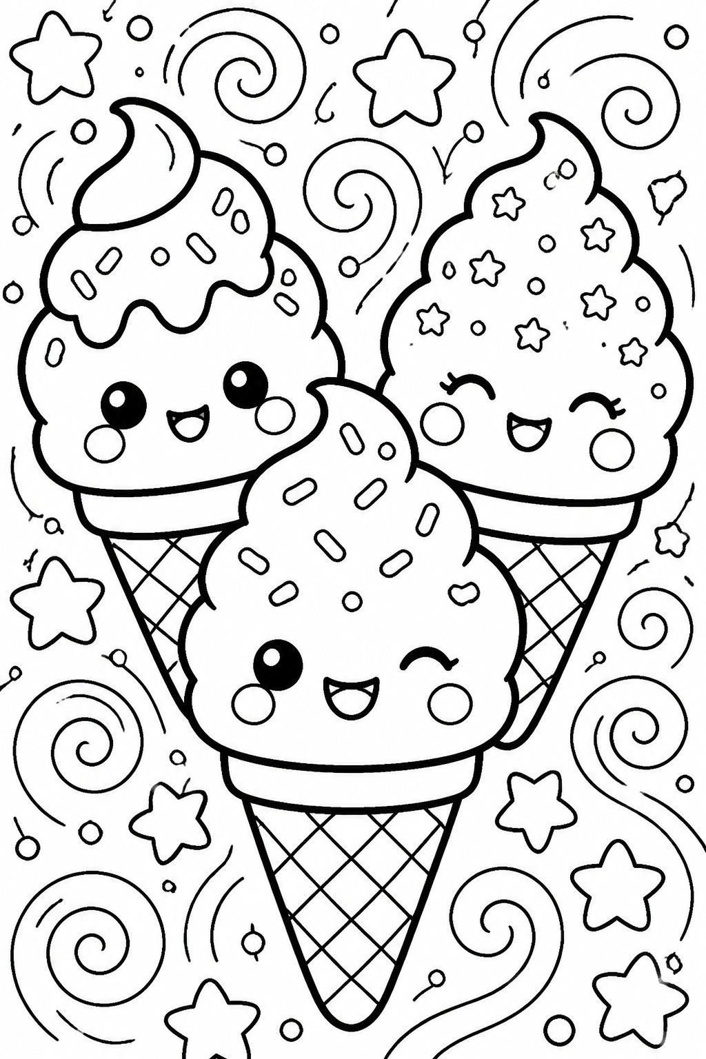 Three cute ice cream cones with faces, sprinkles, stars, and swirls.