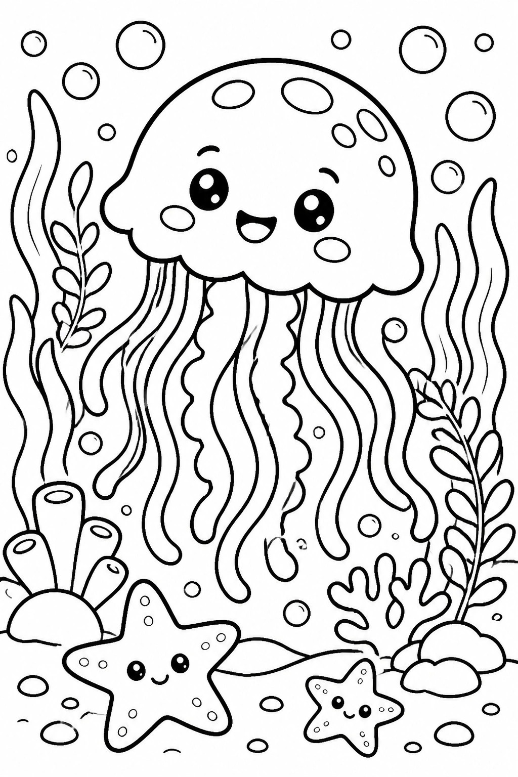 Cute cartoon jellyfish with smiling face amid starfish, seaweed, and bubbles in ocean scene
