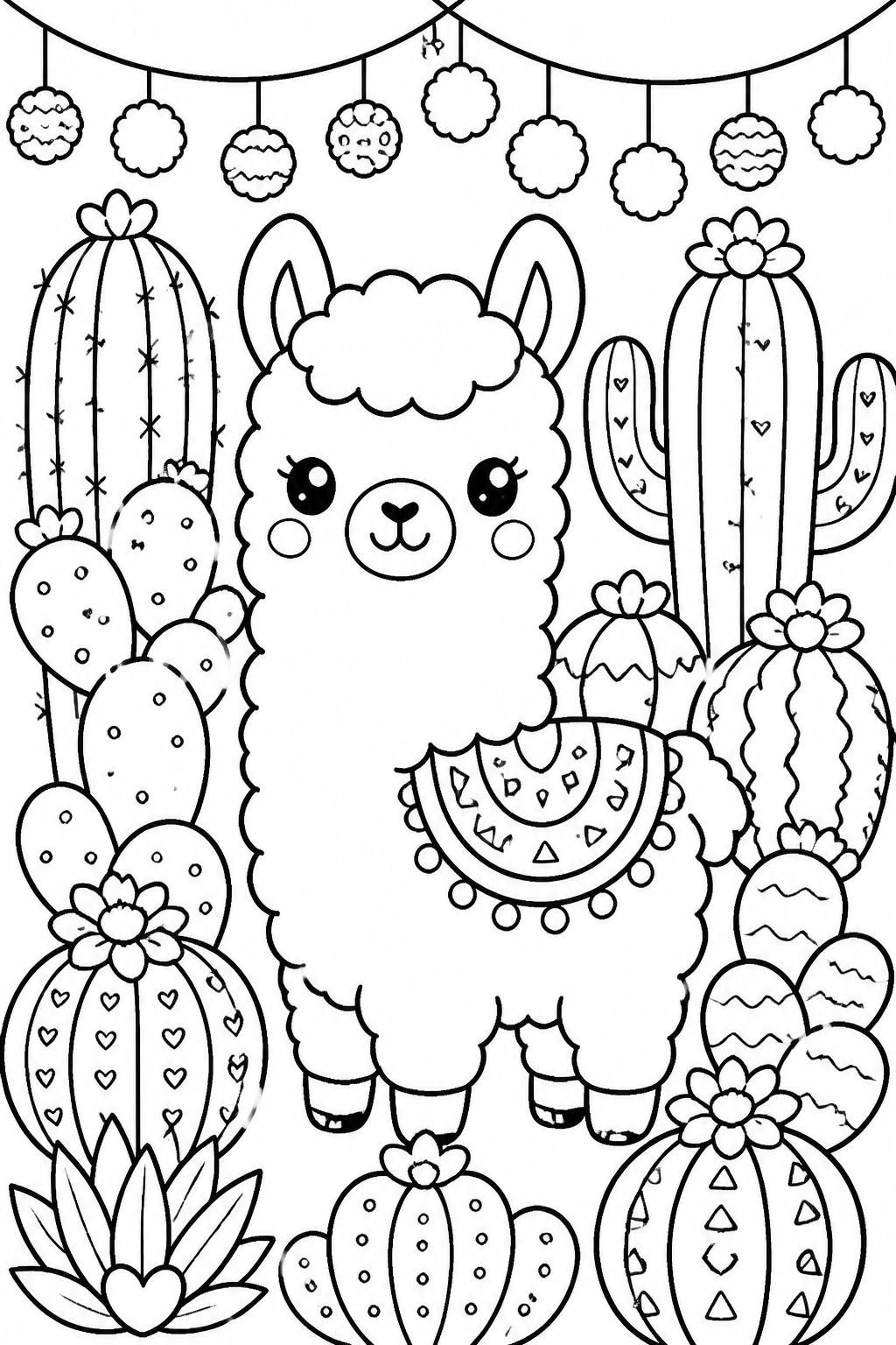 Cute cartoon llama with blanket amid cacti, flowers, and hanging pom-pom garlands in line art