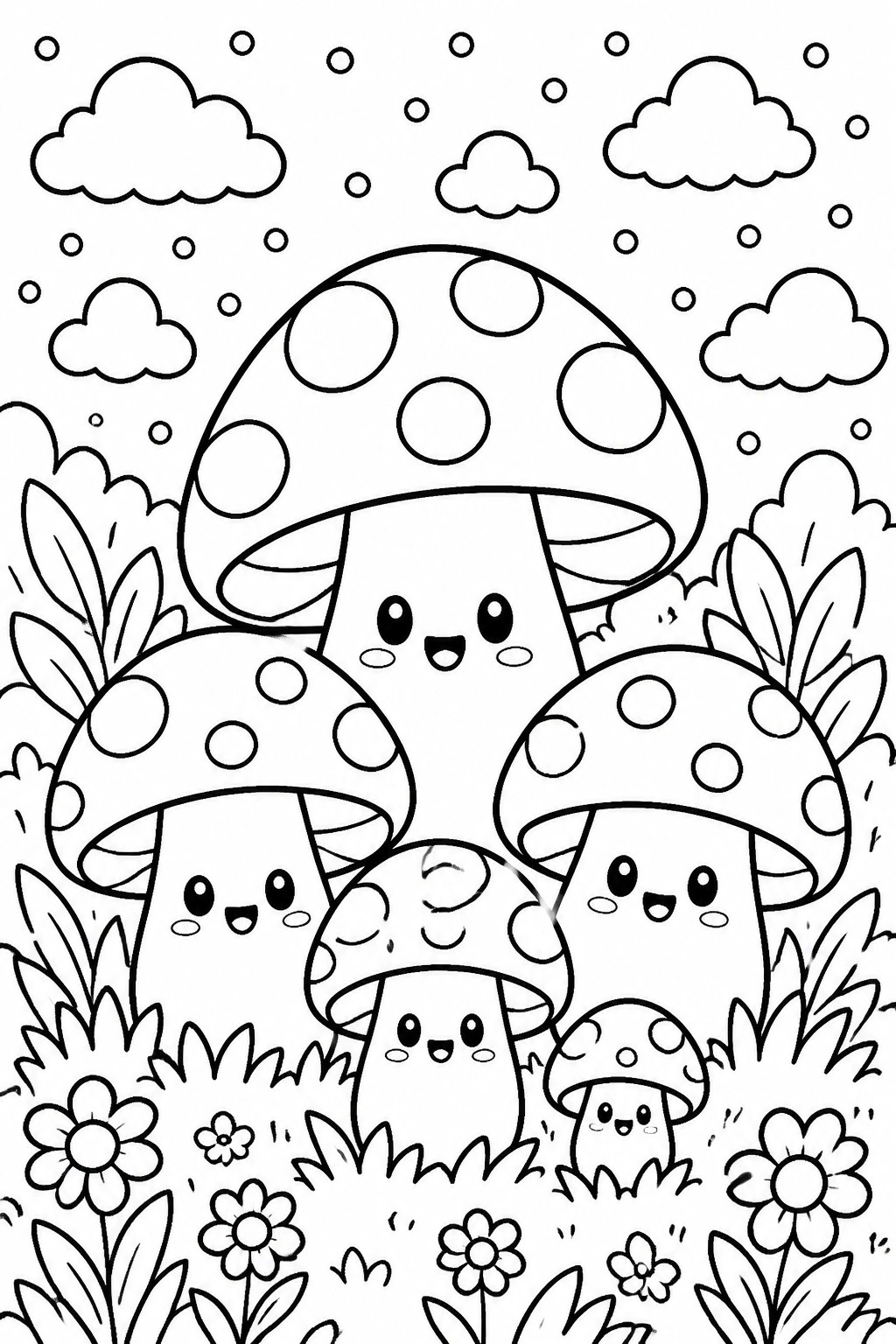 A black and white coloring page shows several cute mushrooms with smiling faces in a field of flowers and grass under clouds.