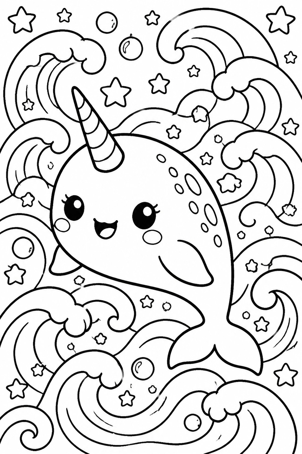 Cute cartoon narwhal with unicorn horn amid starry waves, bubbles, and rainbows.