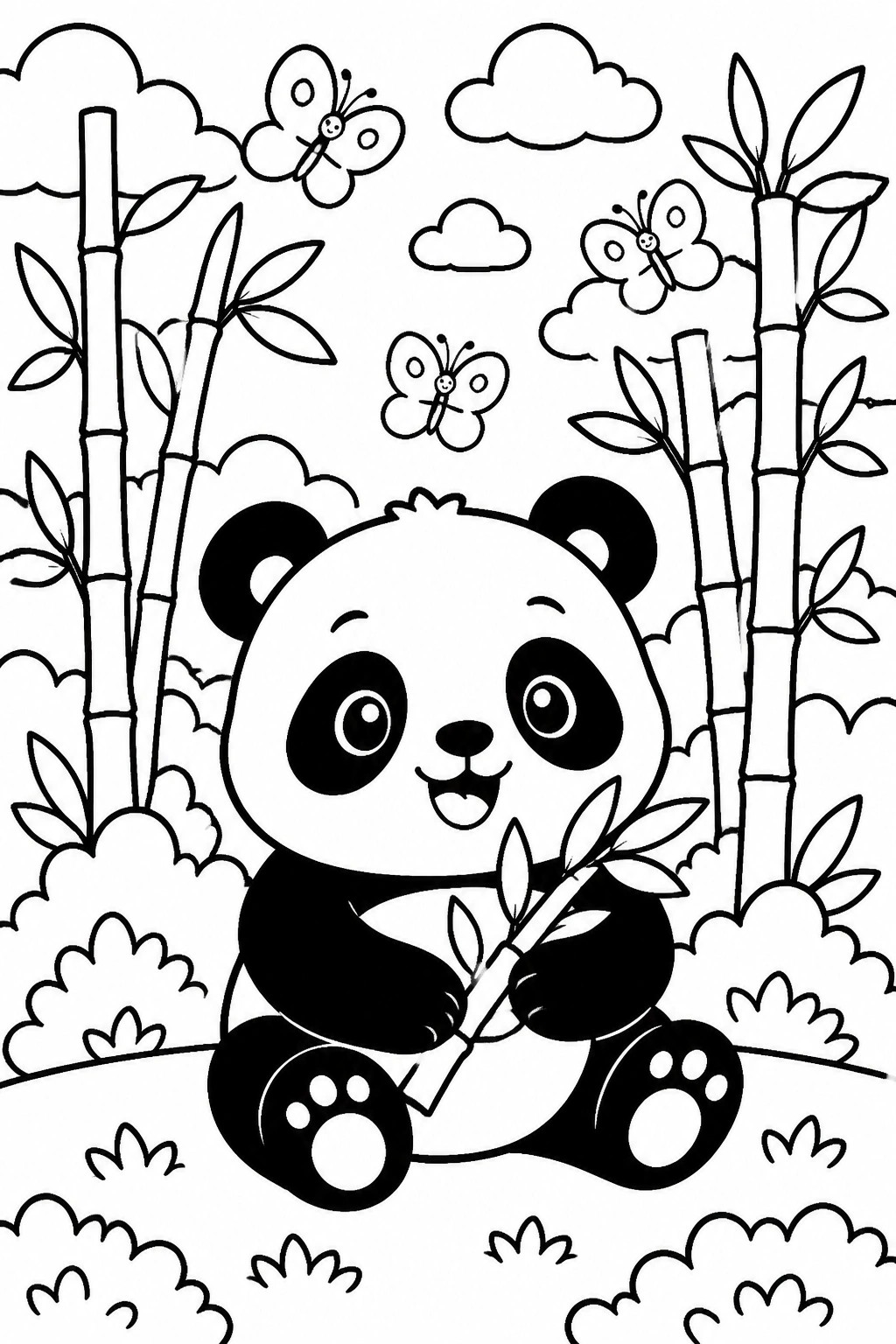 Cartoon panda holding bamboo amid stalks, butterflies, and clouds in black and white