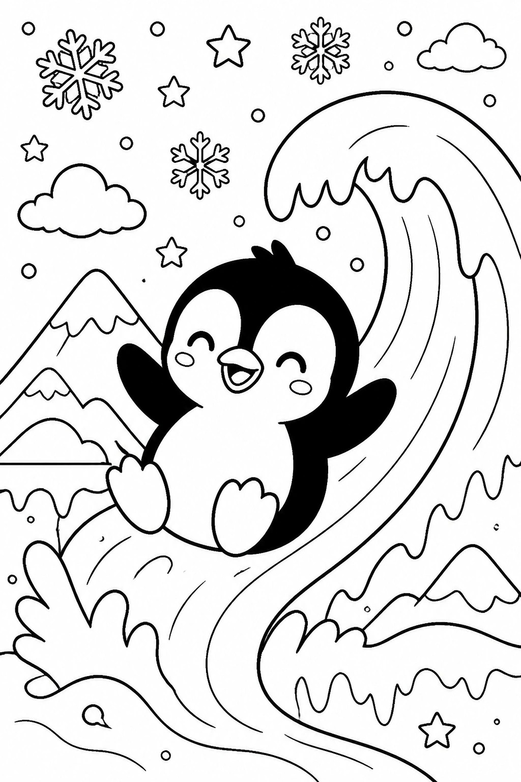 Cheerful cartoon penguin splashing in waves amid snowflakes, stars, and mountains