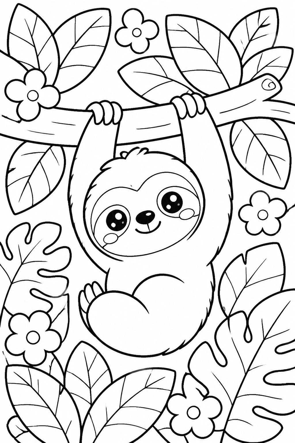 Cute cartoon sloth hangs from branch amid tropical leaves and flowers.