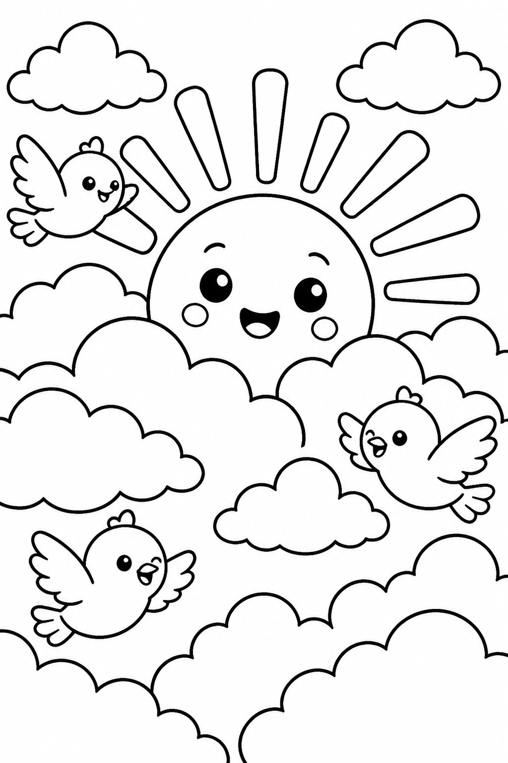 Coloring page of smiling sun with clouds and three cute flying birds.