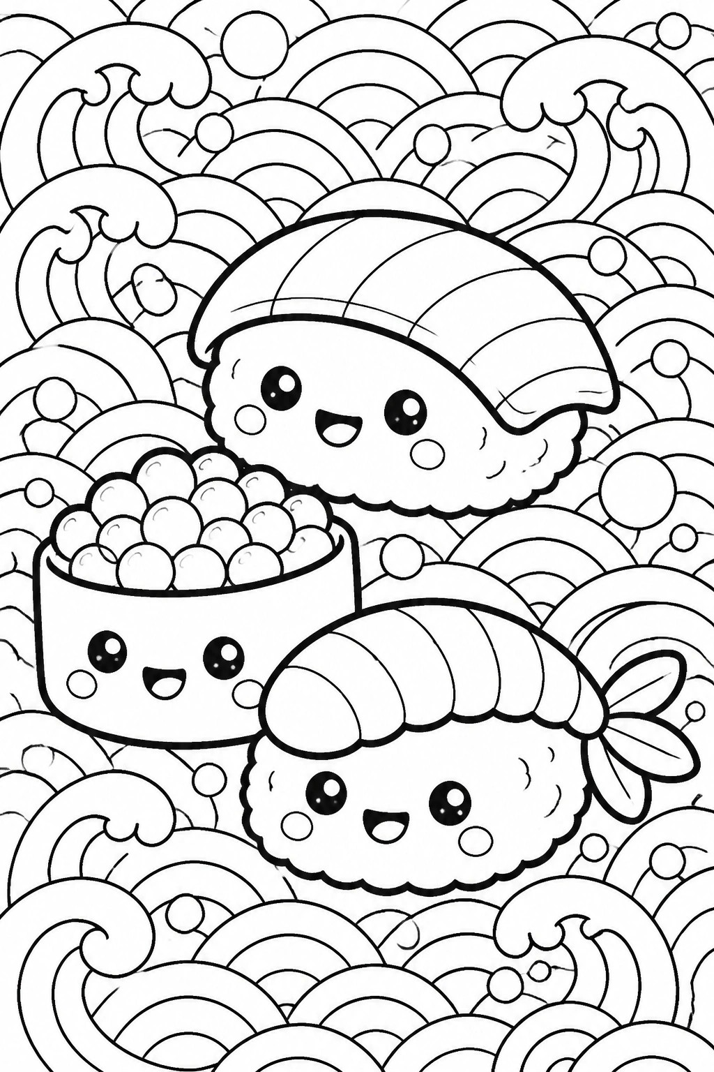 A black and white coloring page shows three cute sushi characters with faces, including shrimp nigiri, tuna nigiri, and a bowl of fish roe, set against swirling wave patterns and bubbles.