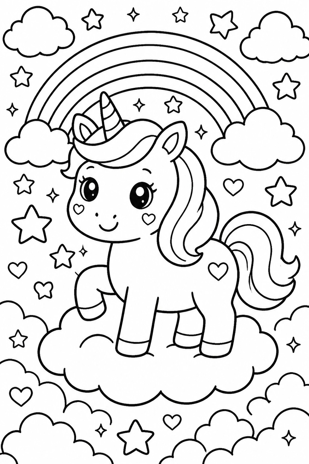 A black and white kawaii unicorn coloring page with a rainbow, clouds, stars, and hearts.