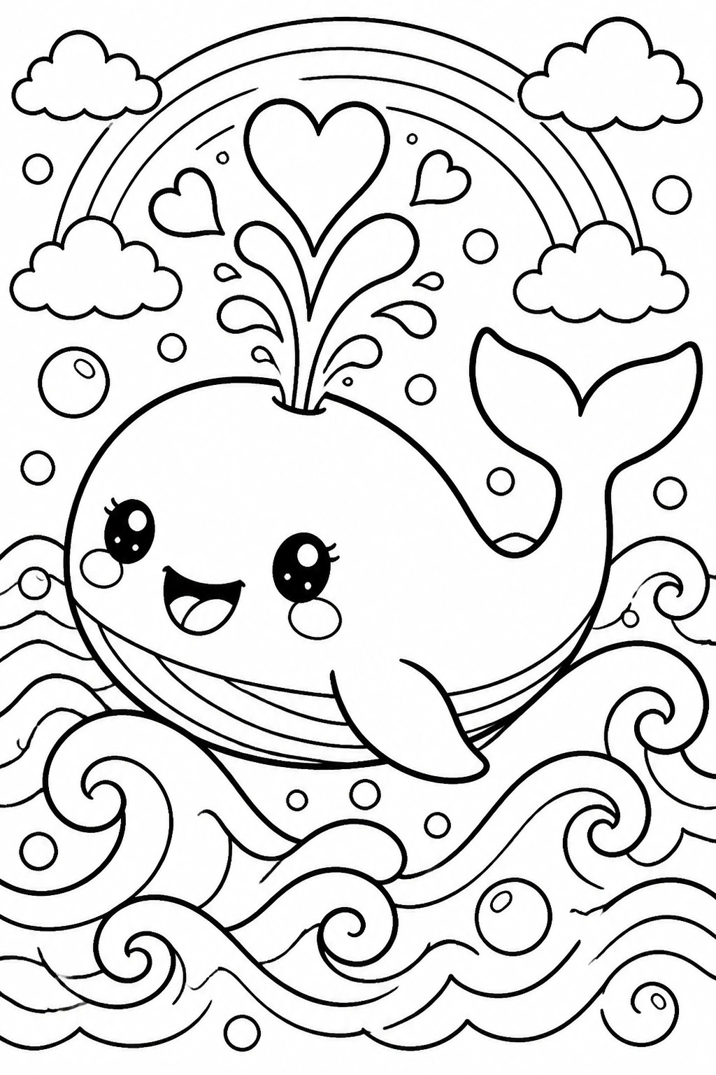 Smiling cartoon whale splashing in ocean waves beneath rainbow and hearts