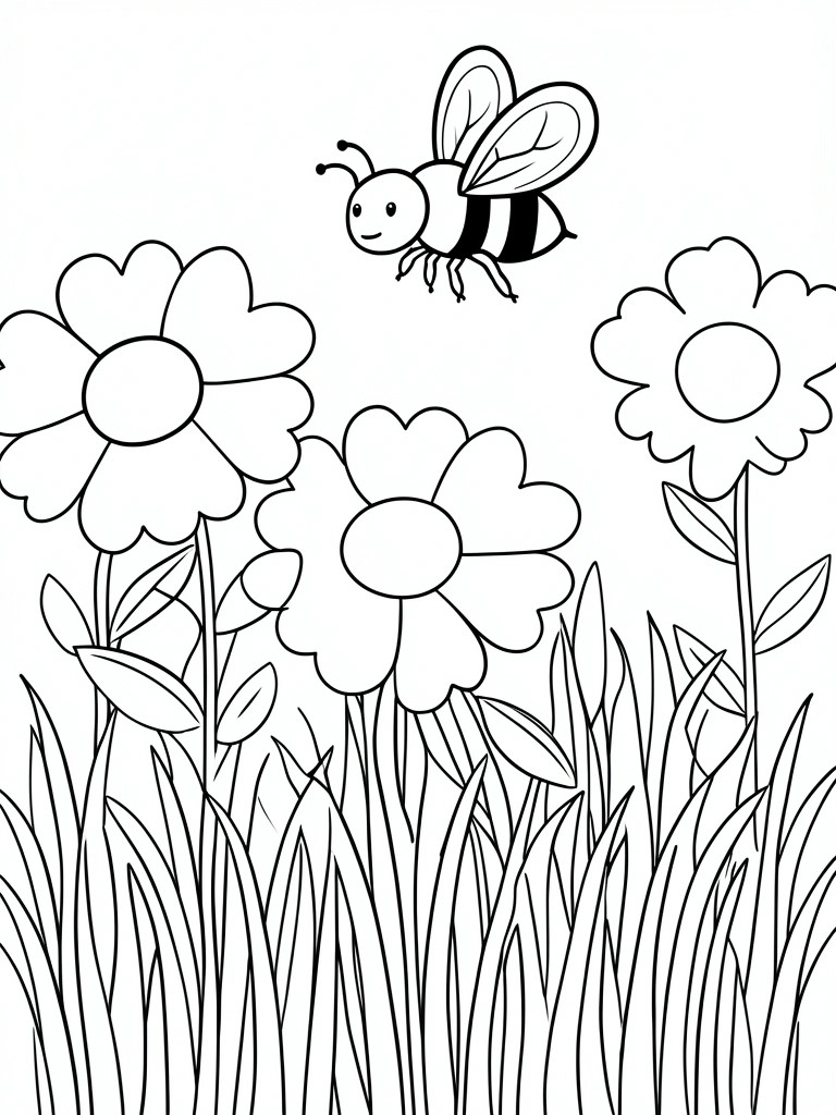 Coloring page of a bee flying above flowers and tall grass.