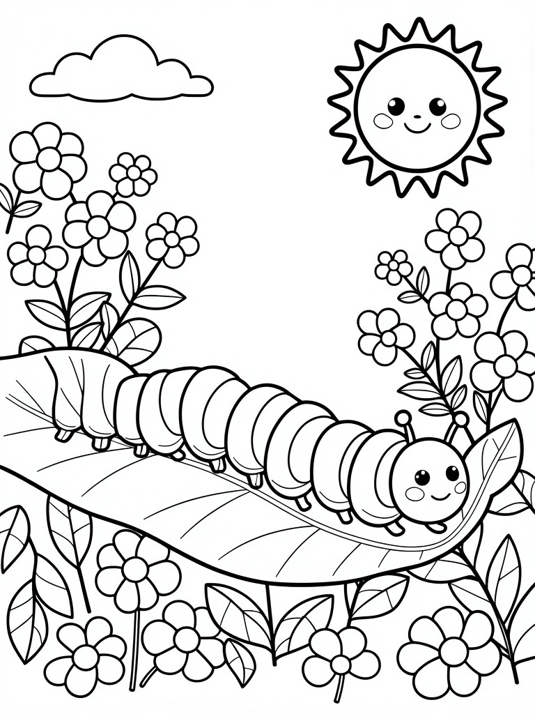 A black and white coloring page featuring a caterpillar on a leaf with flowers, a sun, and clouds.