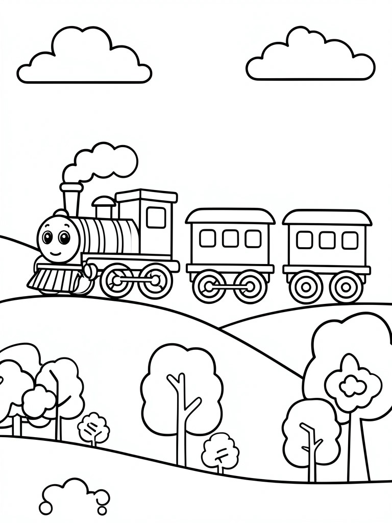 A black and white line drawing of a smiling train engine pulling two passenger cars on tracks with hills trees and clouds.