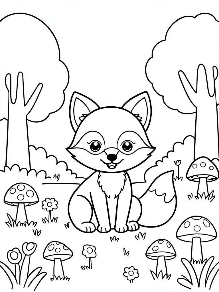 A black and white line drawing of a cartoon fox sitting in a forest surrounded by trees, mushrooms, and flowers.