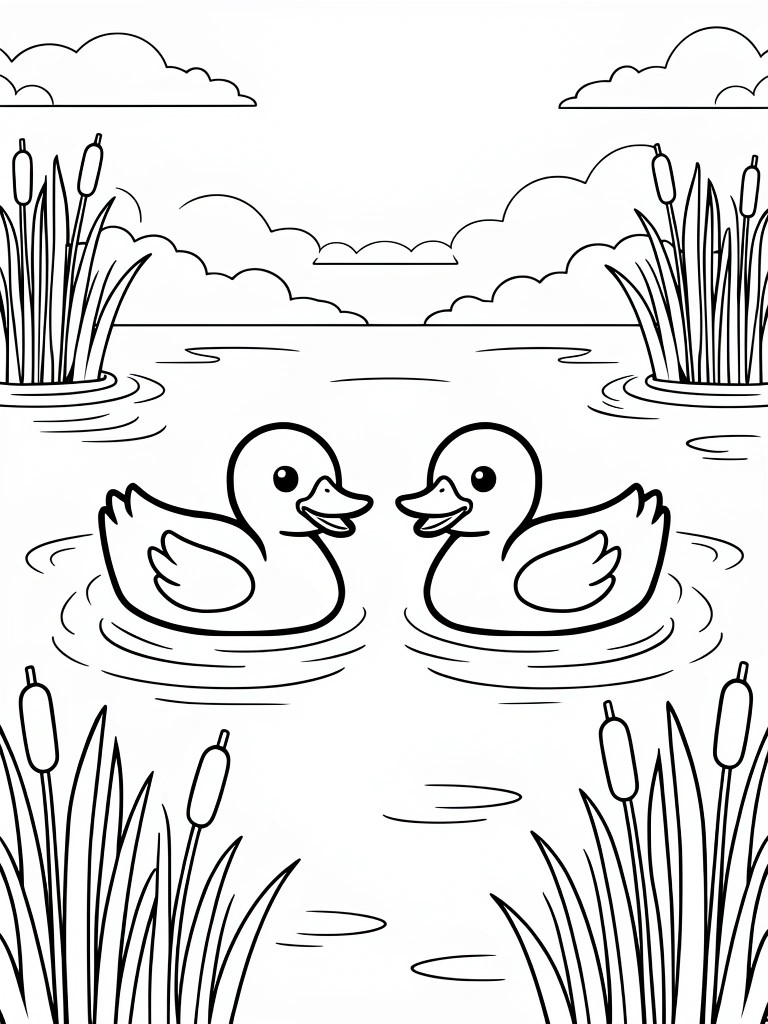 Black and white line drawing of two ducks in a pond with reeds, clouds, and water ripples.