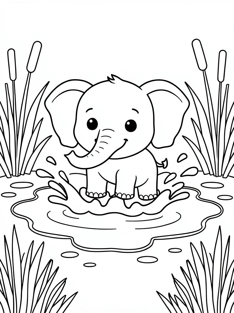 Cartoon baby elephant splashing in pond surrounded by reeds and grass.