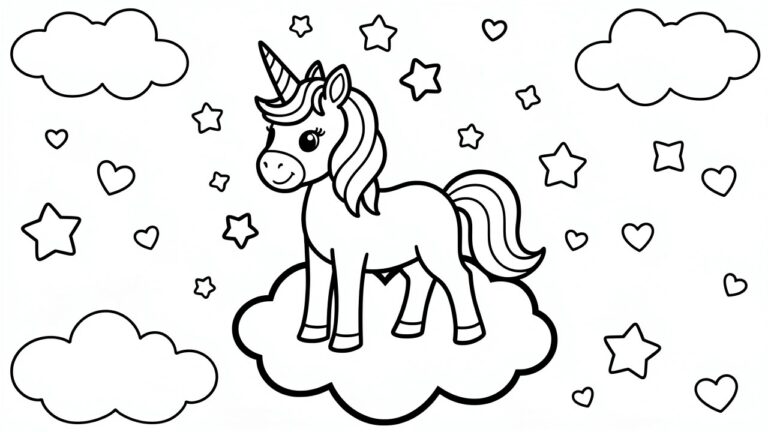 19 Adorable Toddler Coloring Pages Made for Little Hands Cartoon unicorn standing on cloud surrounded by stars and hearts in line art.