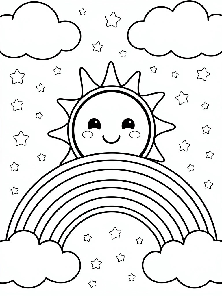 A black and white coloring page shows a smiling sun above a rainbow with clouds and stars around it.