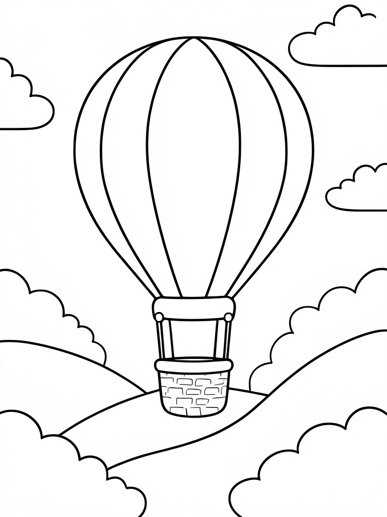 Black-and-white line drawing of hot air balloon over hills with clouds