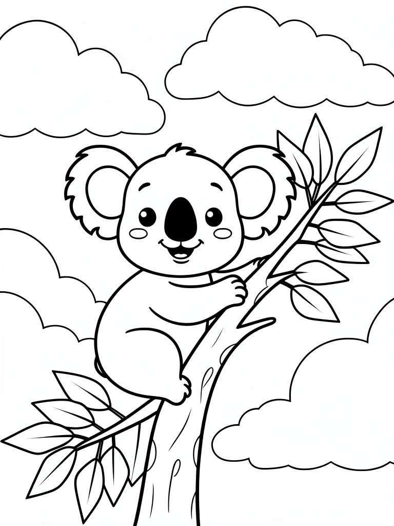 Cute cartoon koala clinging to leafy tree branch with clouds around
