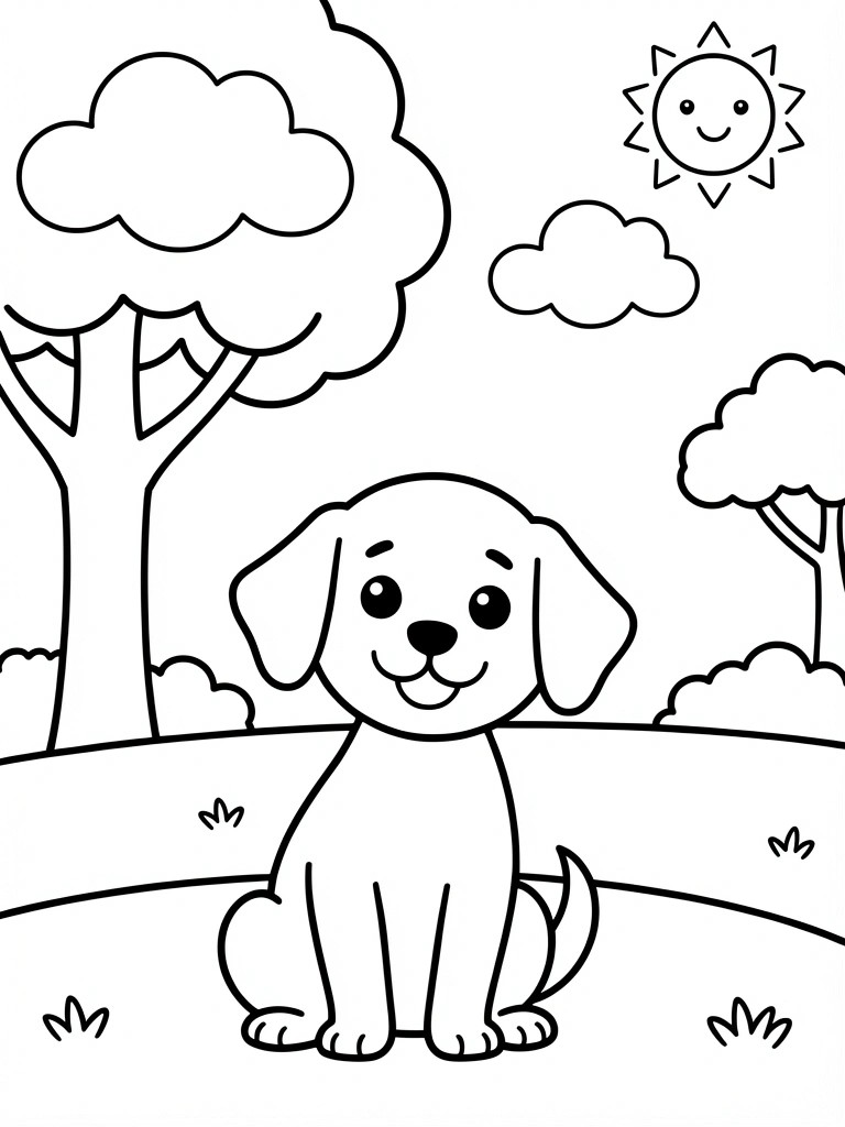 A black and white line drawing shows a cute puppy sitting in grass with trees, a smiling sun, clouds, and simple bushes around it.