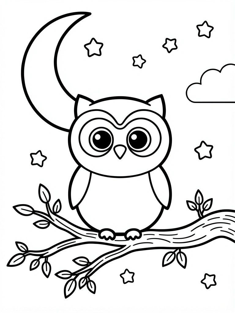 Cute cartoon owl perched on leafy branch under crescent moon with stars.
