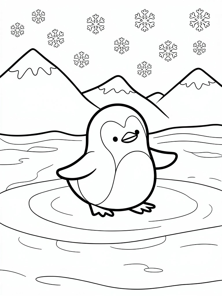 Cartoon penguin on ice amid snowy mountains and falling snowflakes, black-and-white line art.