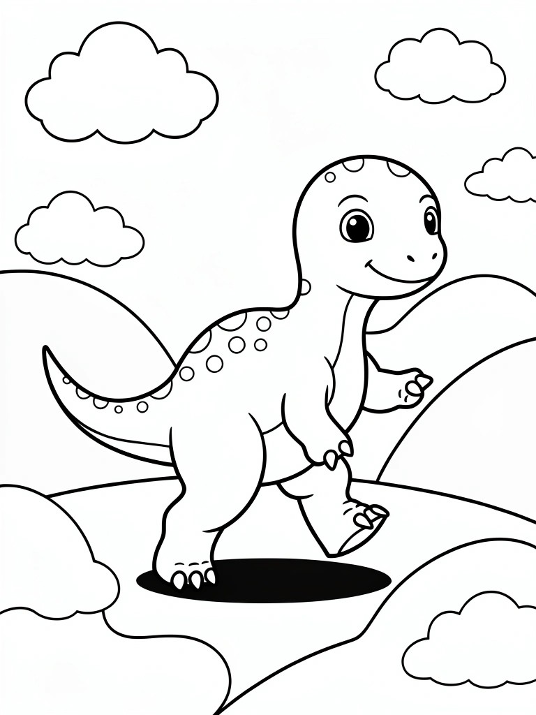 A black and white line drawing shows a cute cartoon dinosaur standing outdoors with clouds in the sky and a solid oval shape on the ground.