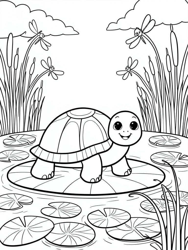 Smiling cartoon turtle on lily pad in pond with dragonflies and reeds