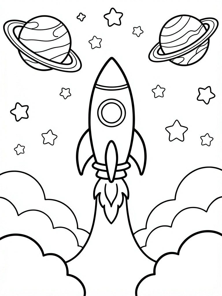 A black and white line drawing of a rocket ship launching upward with two ringed planets on either side, scattered stars, and clouds at the bottom.