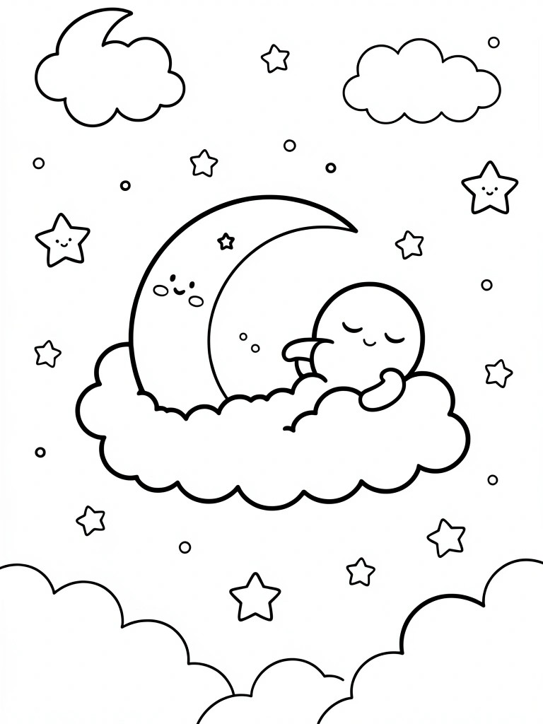 A coloring page shows a sleeping moon character on a cloud with a crescent moon, stars, and clouds in the sky.