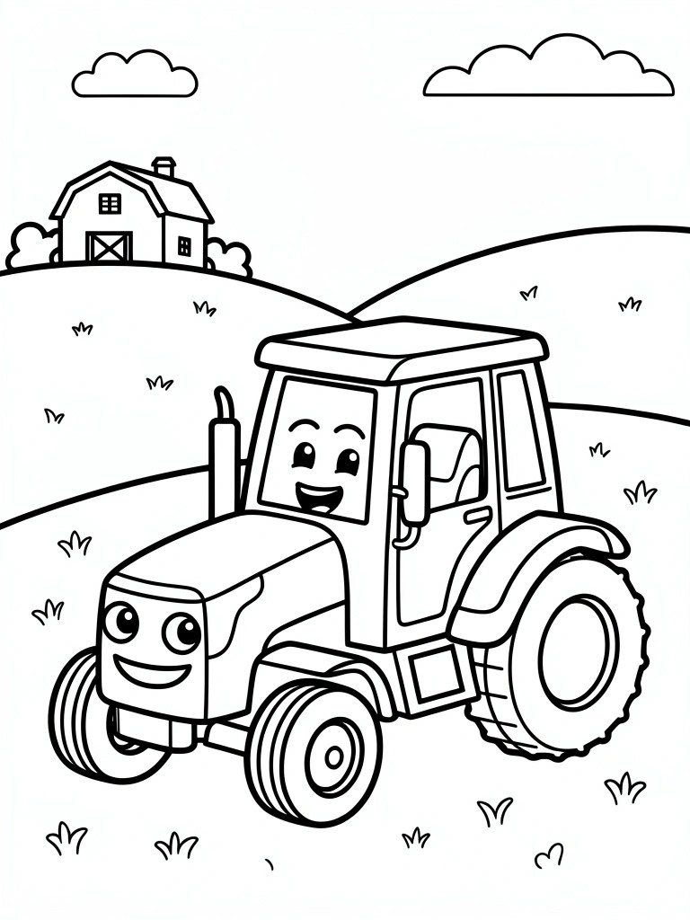 Cartoon smiling tractor with face on farm near barn, clouds and hills.