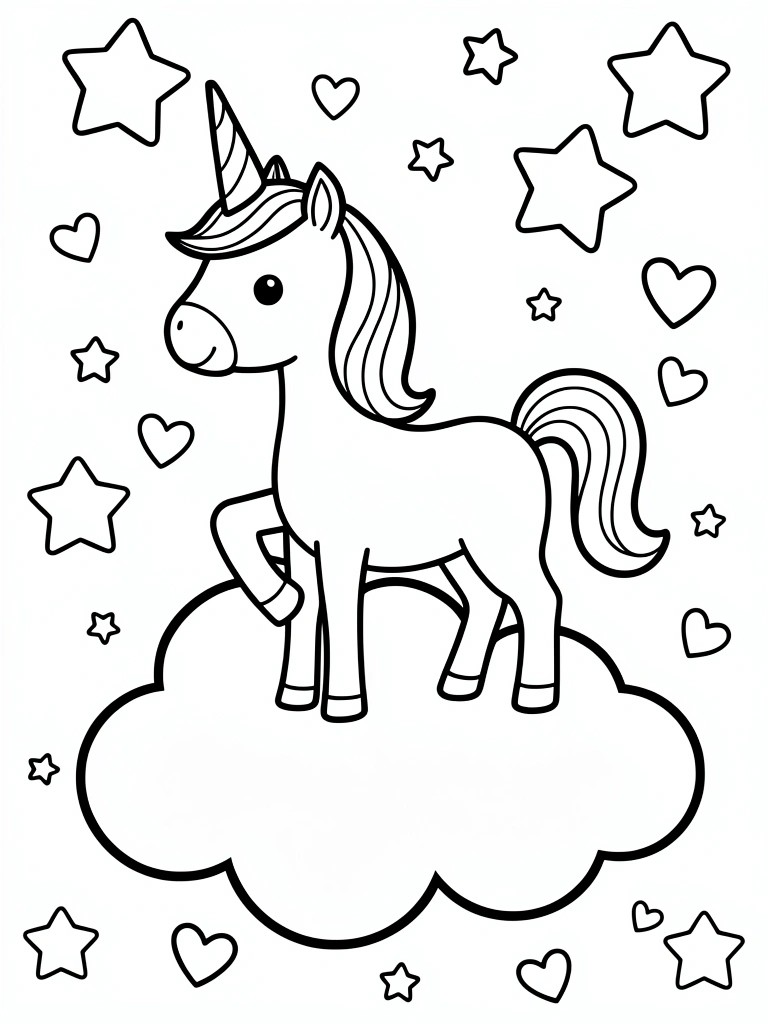 Cartoon unicorn standing on cloud surrounded by stars and hearts in line art.