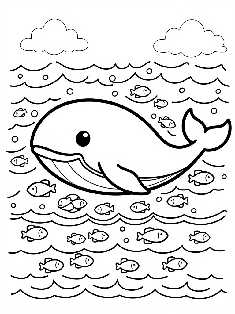 Coloring page of large whale and many fish swimming in ocean waves under clouds