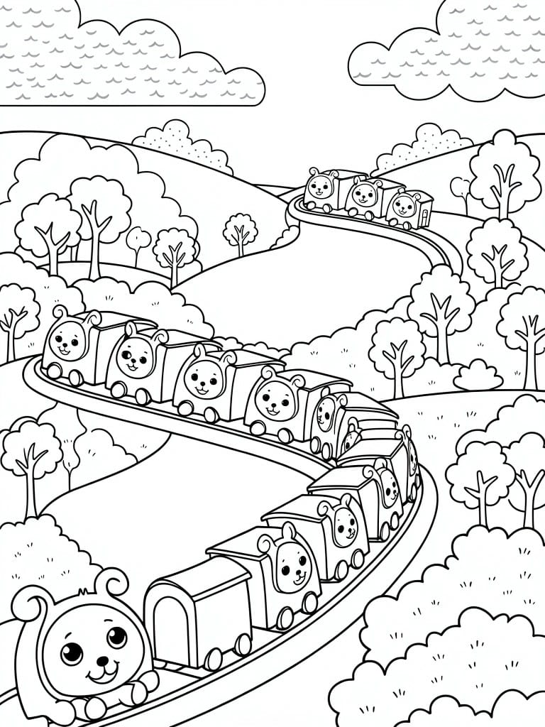 A coloring page shows a long train with bear characters on each car following a winding track through hills and trees.