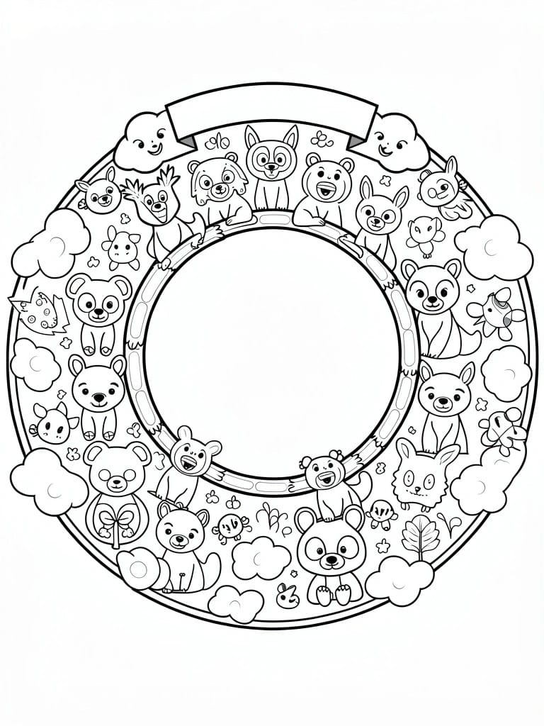 A black and white coloring page shows a ring of cartoon animals with clouds and small plants around a blank central circle and a banner on top.