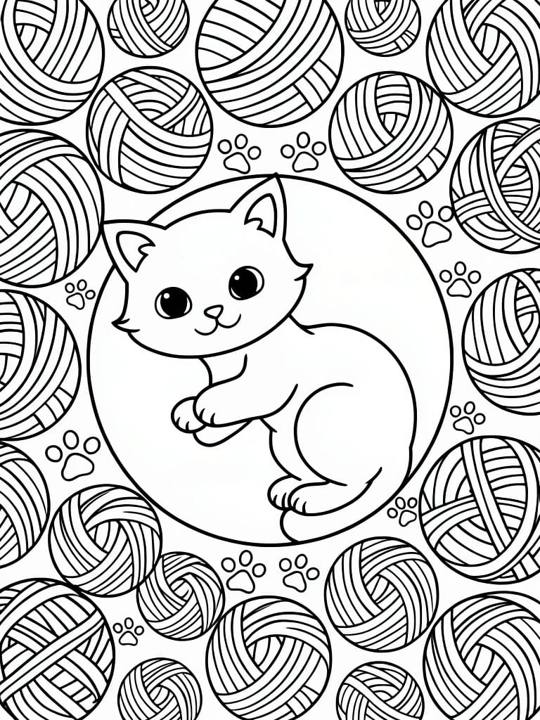 Cute cartoon cat curled among yarn balls and paw prints coloring page