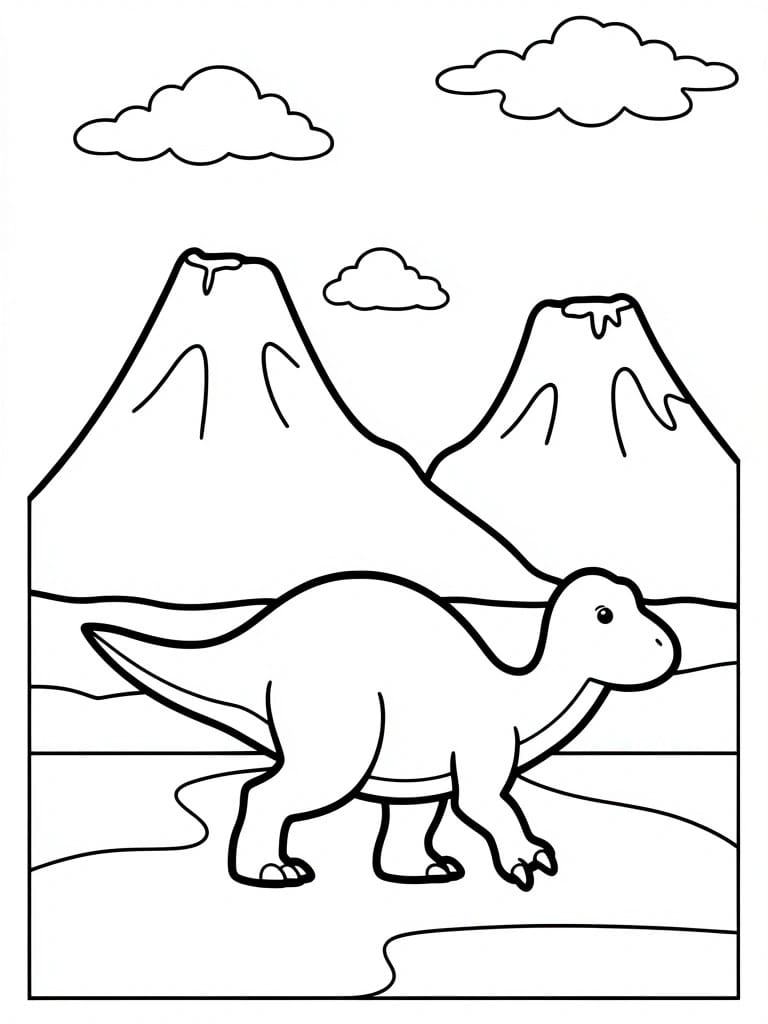 A line drawing of a dinosaur standing in front of mountains with clouds in the sky.