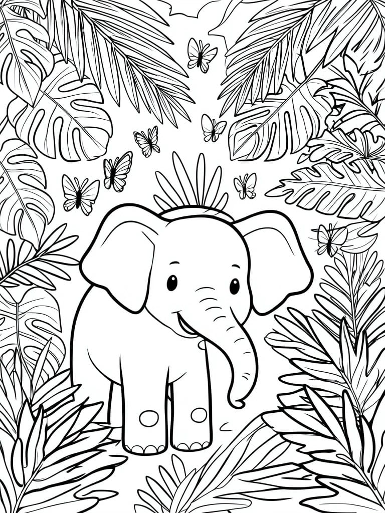 Cute cartoon elephant amid tropical leaves and butterflies in black-and-white line art.