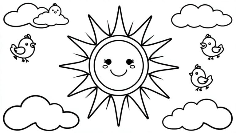 A black and white coloring page shows a smiling sun with rays, three birds on clouds, and additional clouds in the sky.